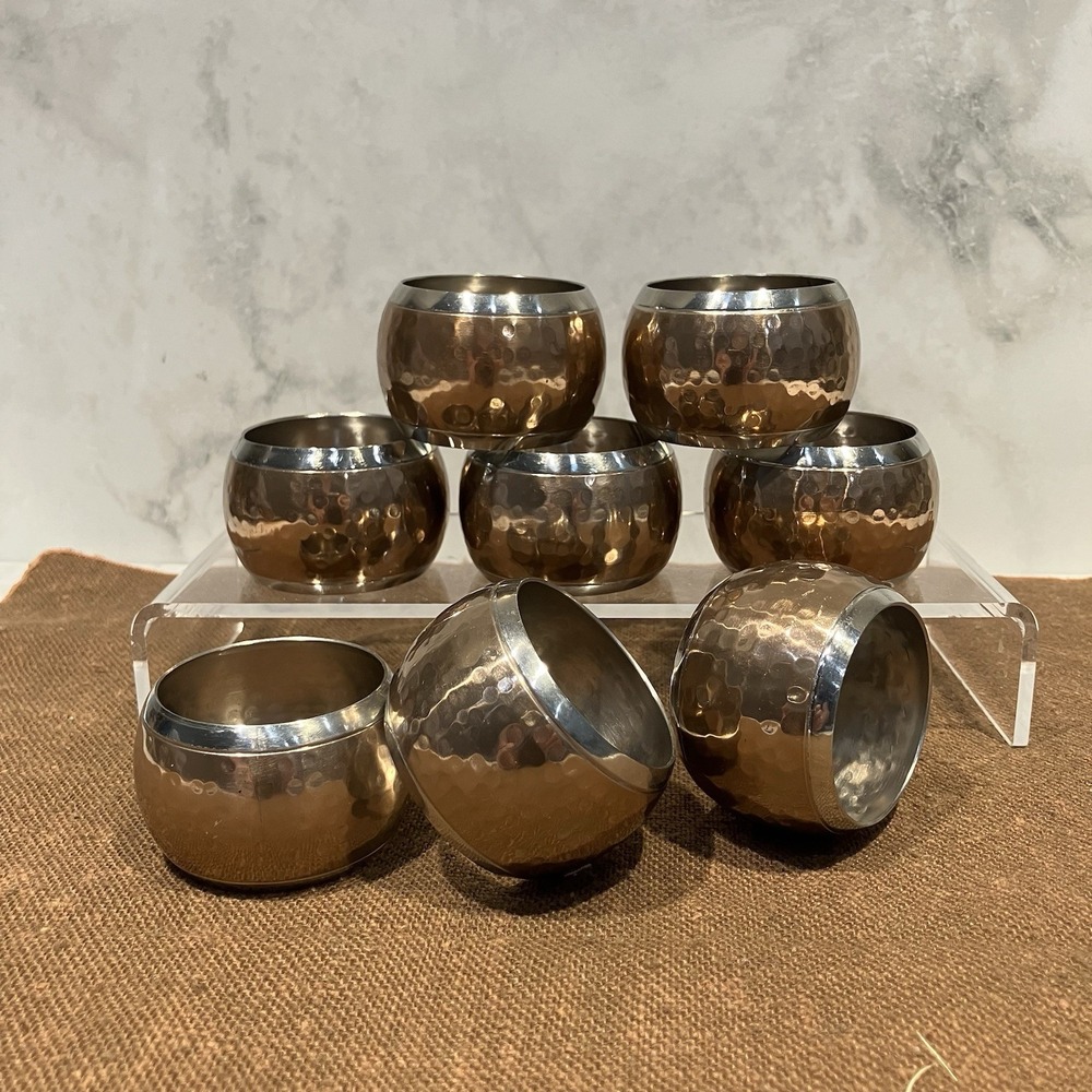 Two-Tone Copper and Silver Tone Hammered Napkin Ring Set of 8 - 1 3/8"